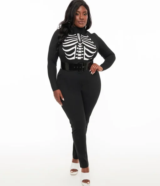 Smak Parlour Plus Size 1960s Black & White Skeleton Glow in the Dark Jumpsuit