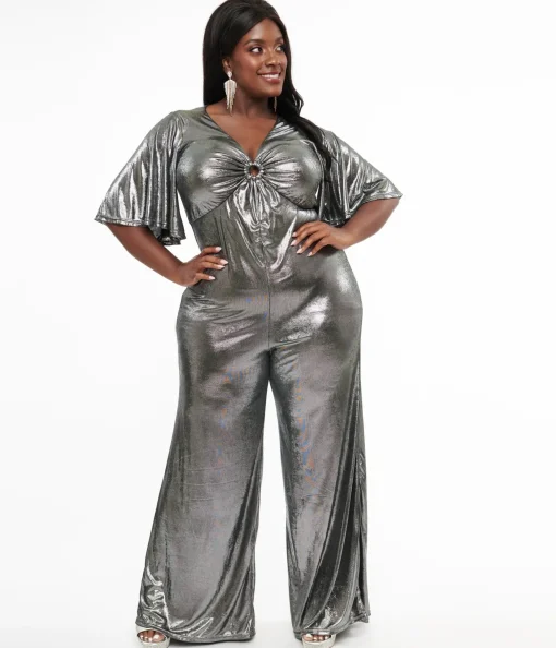 Smak Parlour Plus Size 1960s Metallic Silver Cutout Jumpsuit