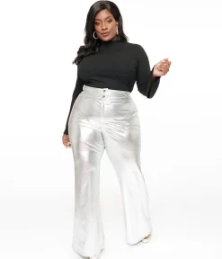 Smak Parlour Plus Size 1960s Metallic Silver High Waist Flare Pants