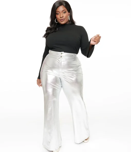 Smak Parlour Plus Size 1960s Metallic Silver High Waist Flare Pants