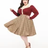 Smak Parlour Plus Size 1960s Brown & Green Plaid Scene Flare Skirt