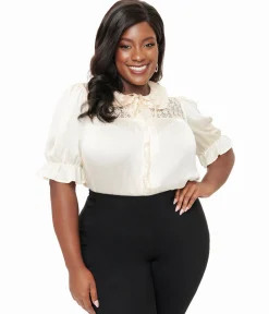 Smak Parlour Plus Size 1960s Ivory Lace Puff Sleeve Blouse
