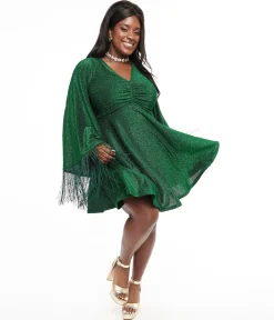 Smak Parlour Plus Size 1970s Green Sparkle & Fringe Bell Sleeves Dress