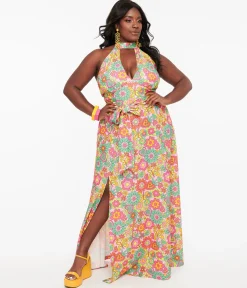 Smak Parlour Plus Size 1960s Pink Strawberry Fields Halter Maxi Dress