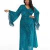 Smak Parlour Plus Size 1970s Teal Floral Fringe Sleeve Maxi Dress