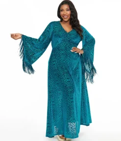 Smak Parlour Plus Size 1970s Teal Floral Fringe Sleeve Maxi Dress