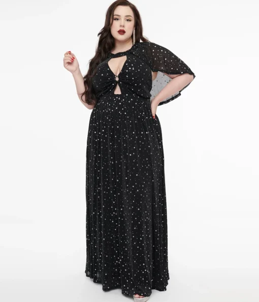 Smak Parlour Plus Size 1970s Black & Silver Star Cape Maxi Dress