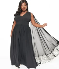 Smak Parlour Plus Size 1970s Black Fringe Cape Maxi Dress
