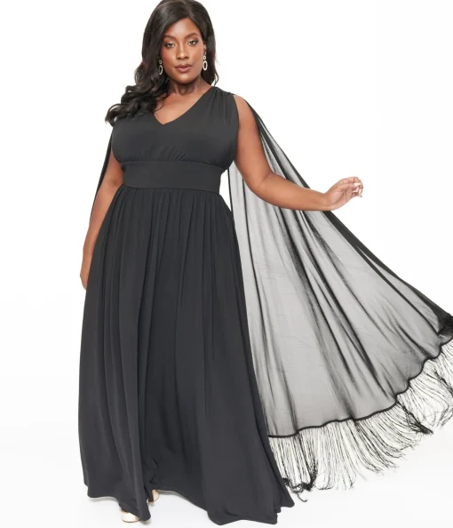 Smak Parlour Plus Size 1970s Black Fringe Cape Maxi Dress