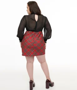 Smak Parlour Plus Size 1960s Red Plaid & Black Ruffle Neck A-Line Dress