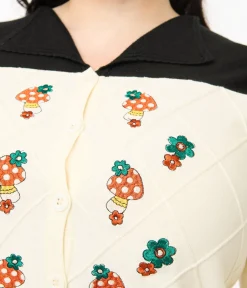 Smak Parlour Plus Size 1960s Ivory & Black Mushroom Embroidered Cardigan