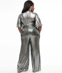 Smak Parlour Plus Size 1960s Metallic Silver Cutout Jumpsuit