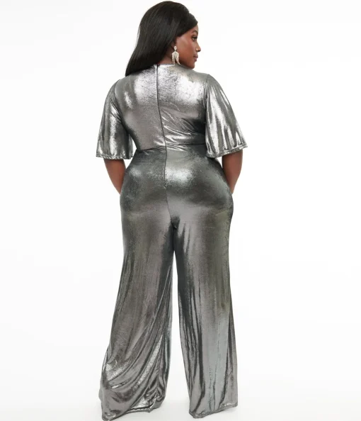 Smak Parlour Plus Size 1960s Metallic Silver Cutout Jumpsuit