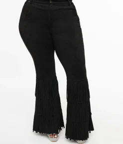 Smak Parlour Plus Size 1970s Black Suede Tassel Flare Pants