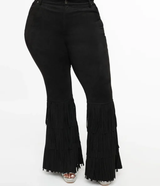 Smak Parlour Plus Size 1970s Black Suede Tassel Flare Pants