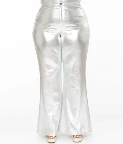 Smak Parlour Plus Size 1960s Metallic Silver High Waist Flare Pants