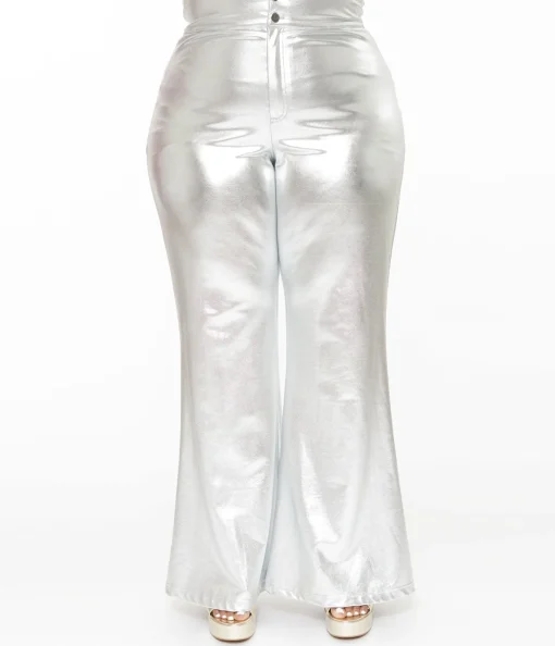 Smak Parlour Plus Size 1960s Metallic Silver High Waist Flare Pants