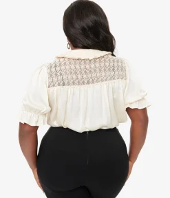 Smak Parlour Plus Size 1960s Ivory Lace Puff Sleeve Blouse