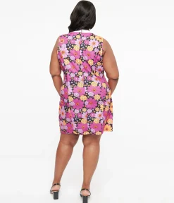 Smak Parlour Plus Size 1960s Purple & Orange Pumpkin Floral Mod Shift Dress