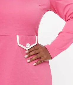 Smak Parlour Plus Size 1960s Hot Pink Mock Turtleneck Fit & Flare Dress