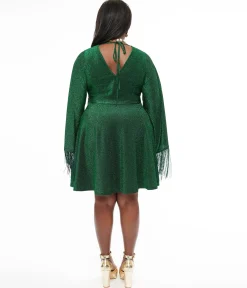 Smak Parlour Plus Size 1970s Green Sparkle & Fringe Bell Sleeves Dress