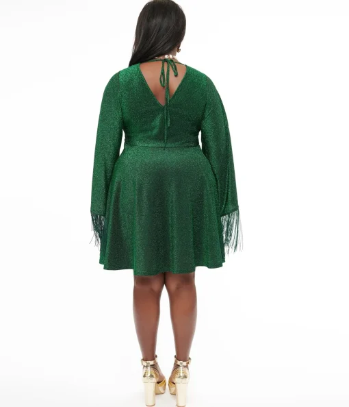 Smak Parlour Plus Size 1970s Green Sparkle & Fringe Bell Sleeves Dress