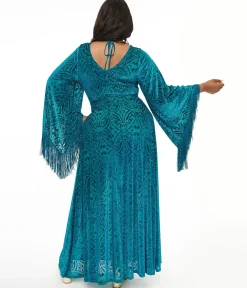 Smak Parlour Plus Size 1970s Teal Floral Fringe Sleeve Maxi Dress