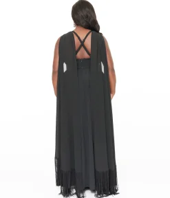 Smak Parlour Plus Size 1970s Black Fringe Cape Maxi Dress