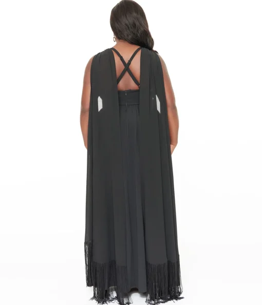 Smak Parlour Plus Size 1970s Black Fringe Cape Maxi Dress