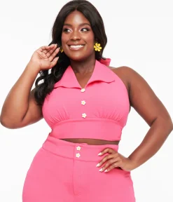Smak Parlour Plus Size 1960s Hot Pink Halter Crop Top