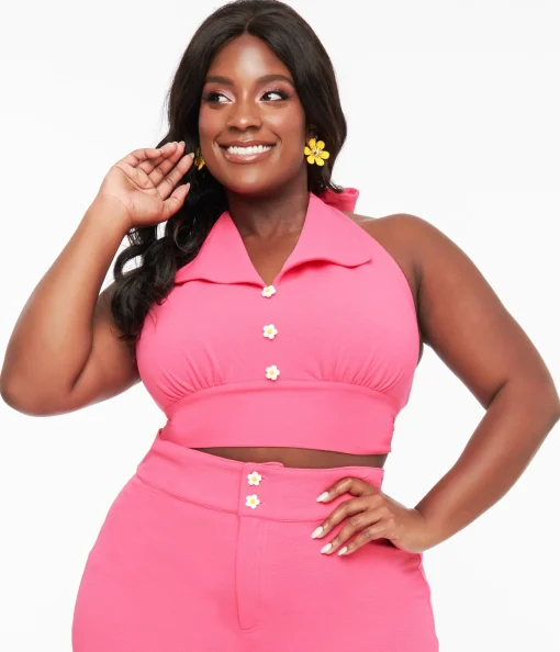 Smak Parlour Plus Size 1960s Hot Pink Halter Crop Top