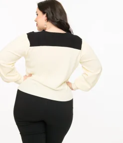 Smak Parlour Plus Size 1960s Ivory & Black Mushroom Embroidered Cardigan