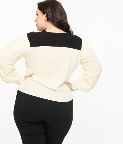 Smak Parlour Plus Size 1960s Ivory & Black Mushroom Embroidered Cardigan
