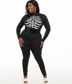 Smak Parlour Plus Size 1960s Black & White Skeleton Glow in the Dark Jumpsuit