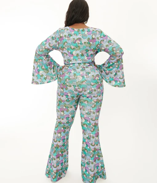 Smak Parlour Plus Size 1970s Teal Groovy Mushrooms Find Your Flare Pants