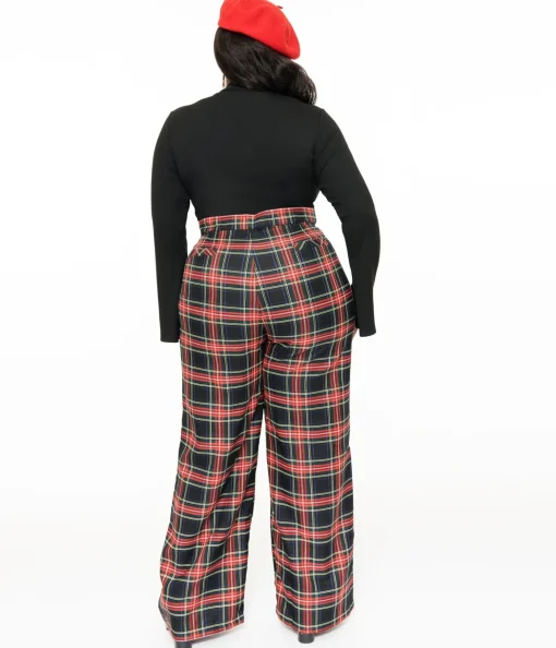 Smak Parlour Plus Size 1960s Black & Red Plaid Wide Leg Trousers