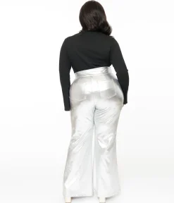 Smak Parlour Plus Size 1960s Metallic Silver High Waist Flare Pants