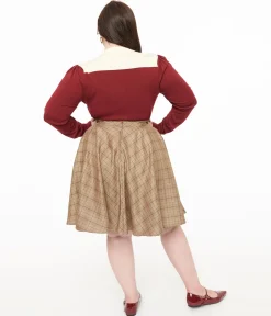 Smak Parlour Plus Size 1960s Brown & Green Plaid Scene Flare Skirt