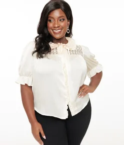 Smak Parlour Plus Size 1960s Ivory Lace Puff Sleeve Blouse