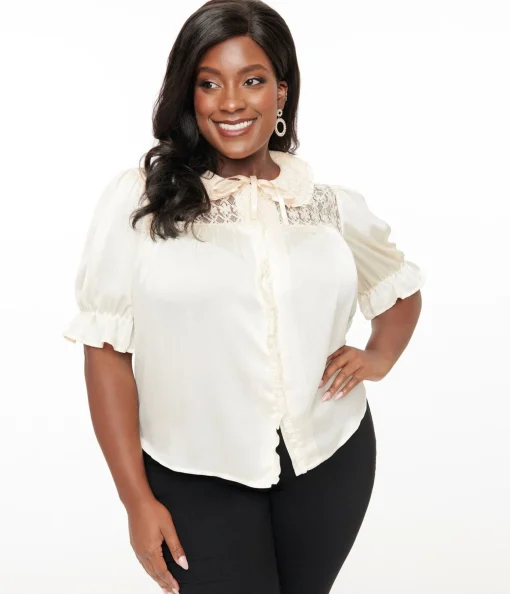Smak Parlour Plus Size 1960s Ivory Lace Puff Sleeve Blouse