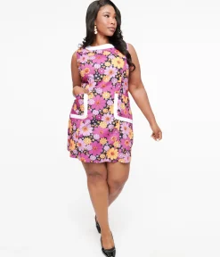 Smak Parlour Plus Size 1960s Purple & Orange Pumpkin Floral Mod Shift Dress
