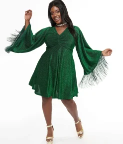 Smak Parlour Plus Size 1970s Green Sparkle & Fringe Bell Sleeves Dress