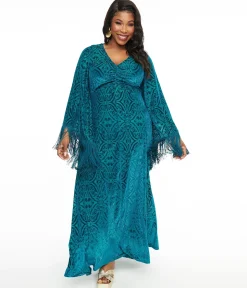 Smak Parlour Plus Size 1970s Teal Floral Fringe Sleeve Maxi Dress
