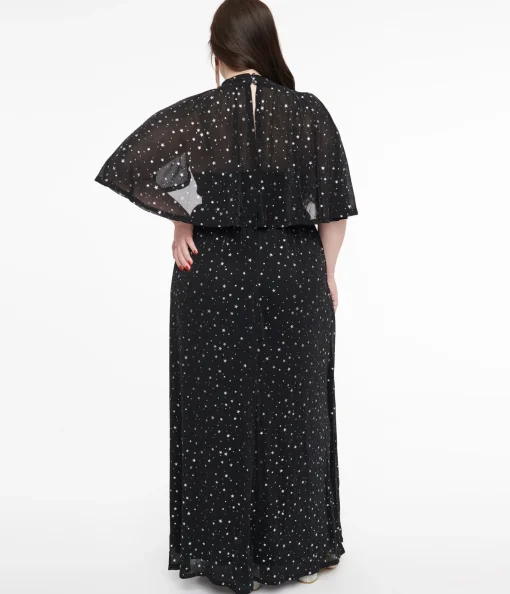 Smak Parlour Plus Size 1970s Black & Silver Star Cape Maxi Dress