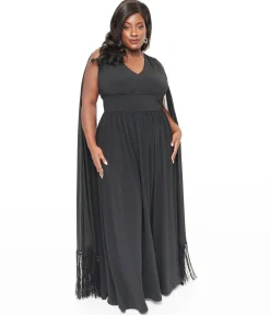 Smak Parlour Plus Size 1970s Black Fringe Cape Maxi Dress