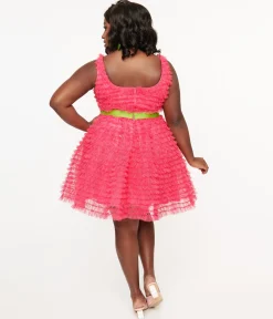 Smak Parlour Plus Size 1960s Hot Pink Empire Waist Mini Dress