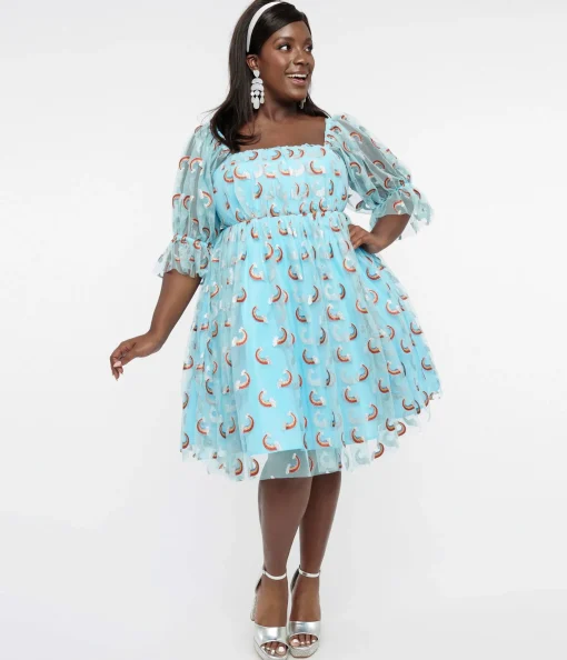 Smak Parlour Plus Size Sky Blue & Glitter Rainbows Love Interest Babydoll Dress