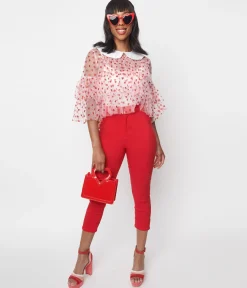 Smak Parlour Red & Polka Dot Heart Pocket Smarty Pants Capri