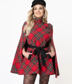 Smak Parlour Red Plaid Savile Row Cape Coat