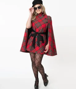 Smak Parlour Red Plaid Savile Row Cape Coat